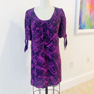 Akiko 100% Silk Purple and Black Mini Dress w Puff Tie Sleeves XS